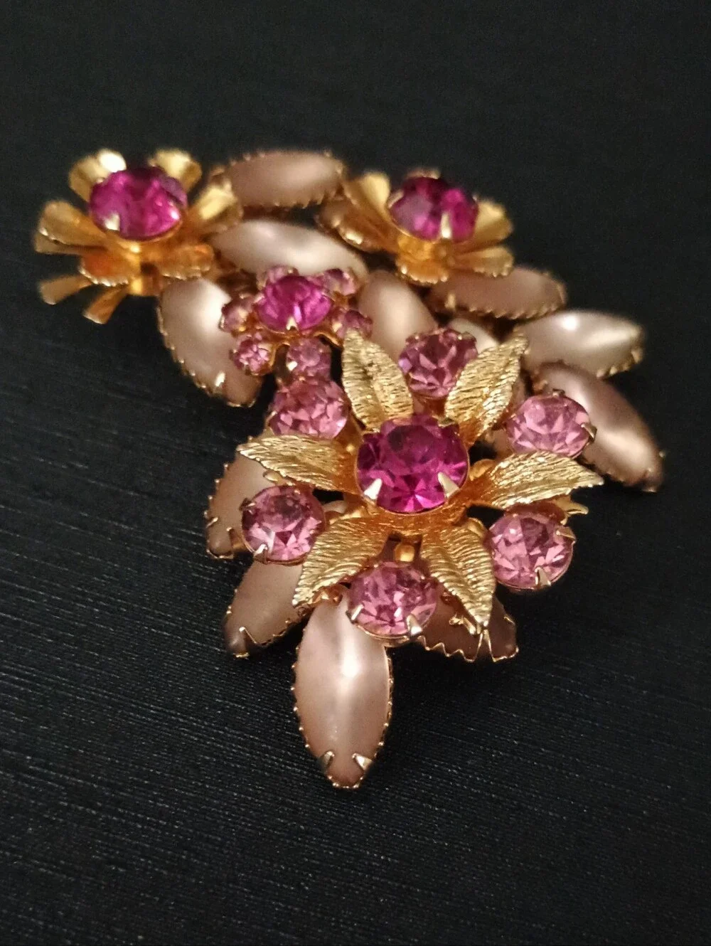 Vintage Judy Lee  1950 Gold Floral Brooch with Pink Gem Accents